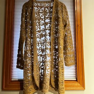 CHICOS NWOTOpenwork Crochet Long Cardigan Sweater - Olive Brown